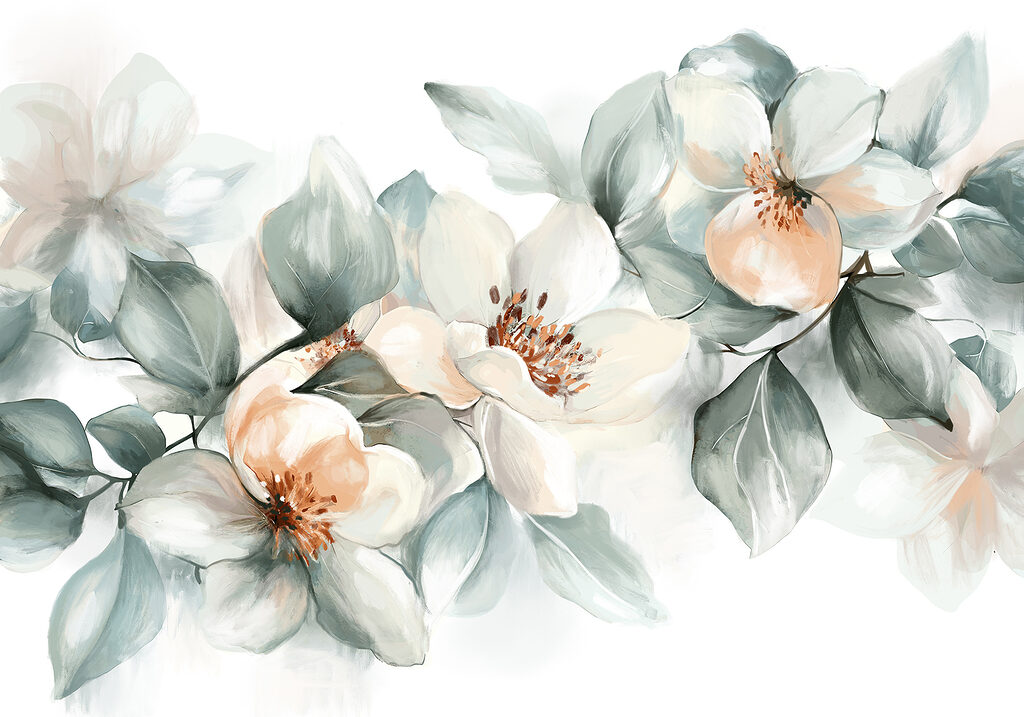Flores brancas em verde-acinzentado — design completo