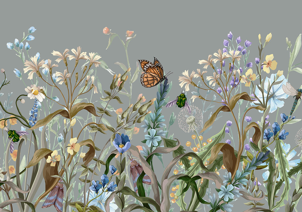 Borboletas entre hastes floridas — design completo