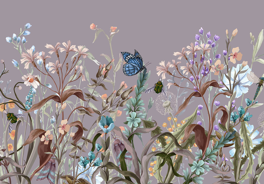 Borboletas entre hastes floridas — design completo