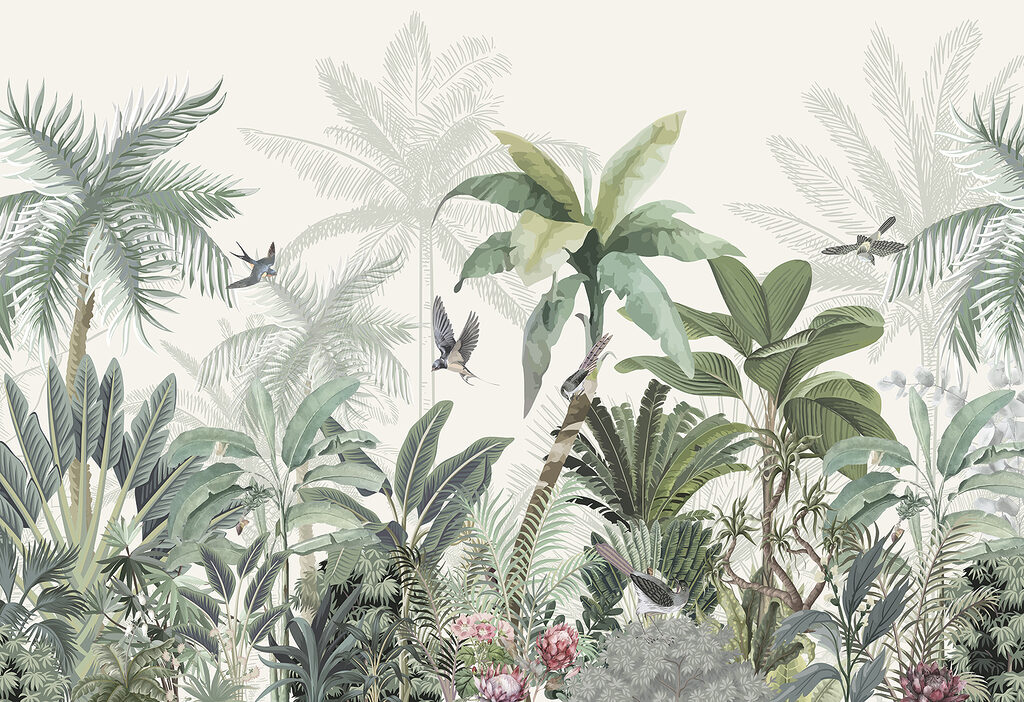 Aves sobre plantas tropicais — design completo
