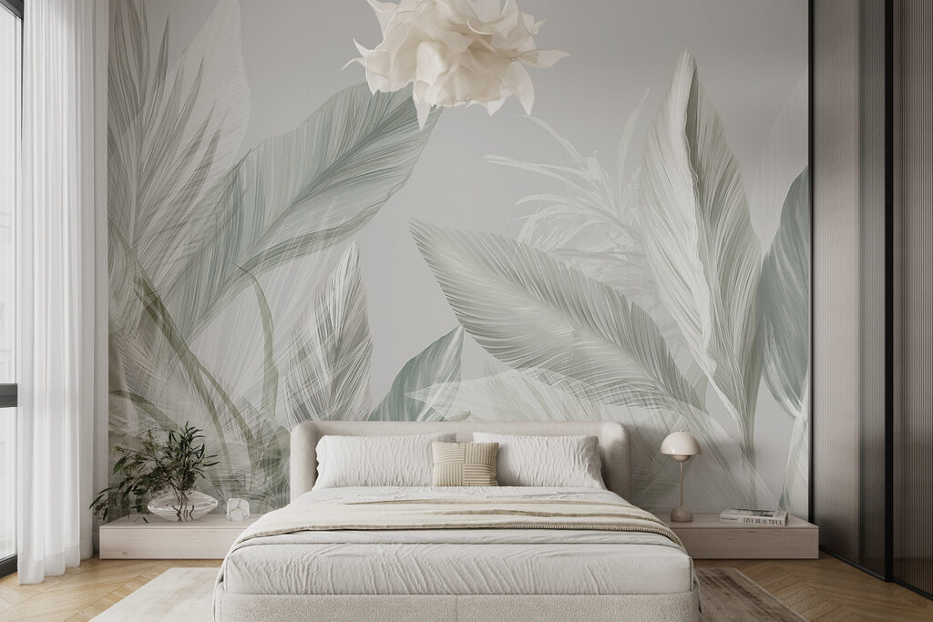 Folhas tropicais em contraluz num interior