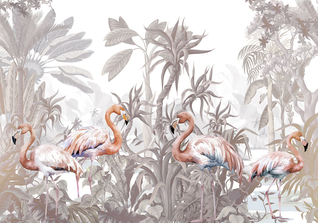 Flamingos entre plantas tropicais — design completo