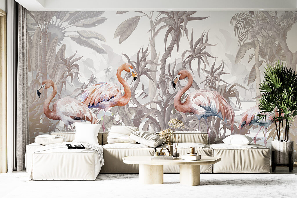 Flamingos entre plantas tropicais — interior 1
