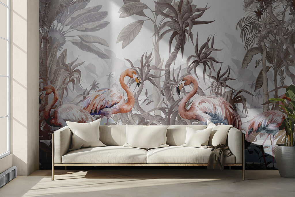 Flamingos entre plantas tropicais — interior 2