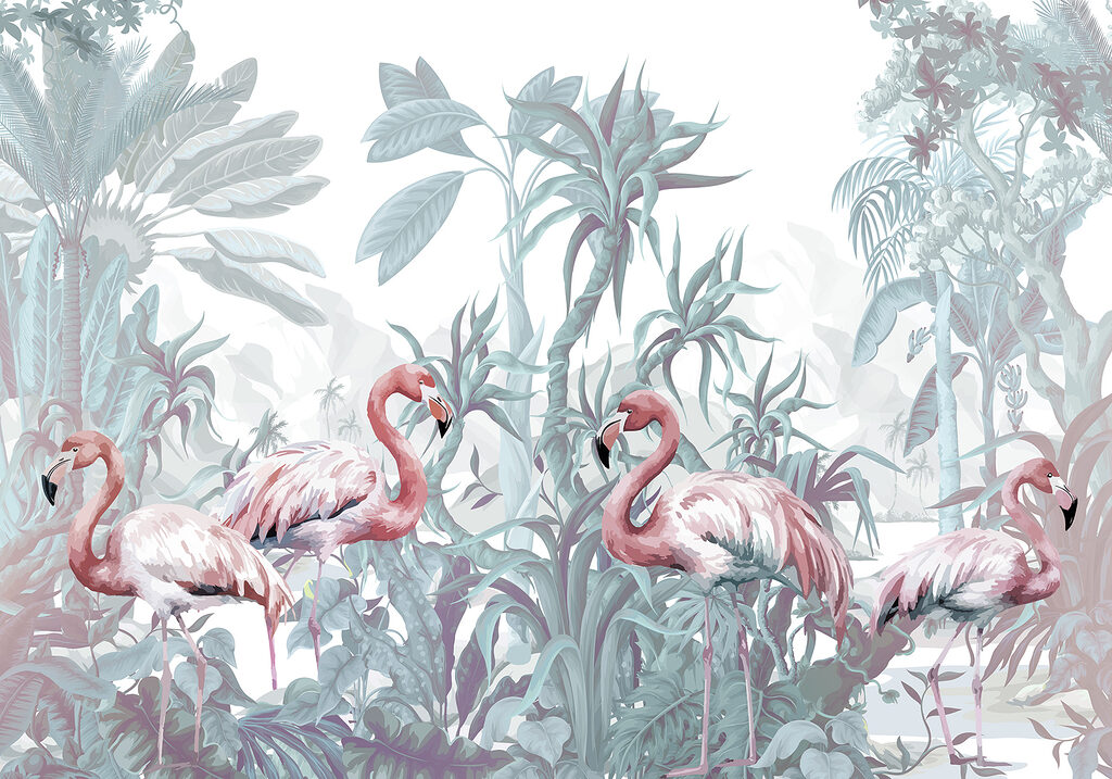 Flamingos entre plantas tropicais — design completo