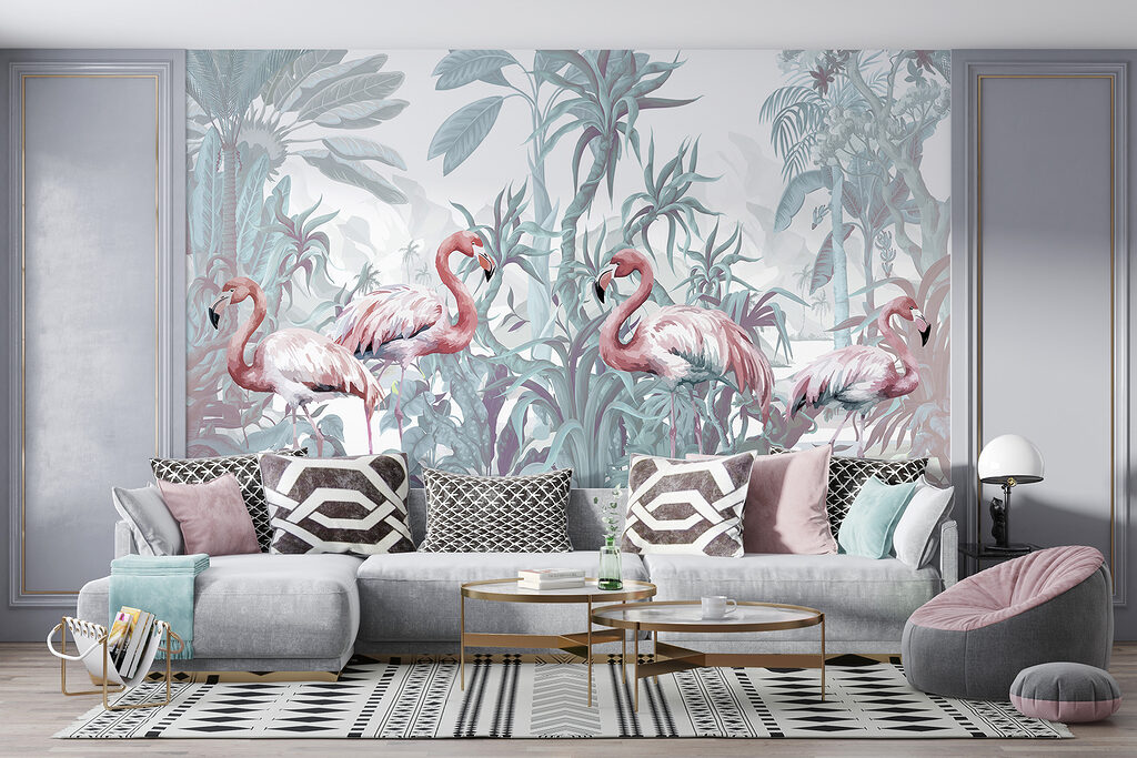 Flamingos entre plantas tropicais num interior