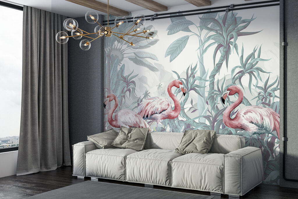 Flamingos entre plantas tropicais — interior 2