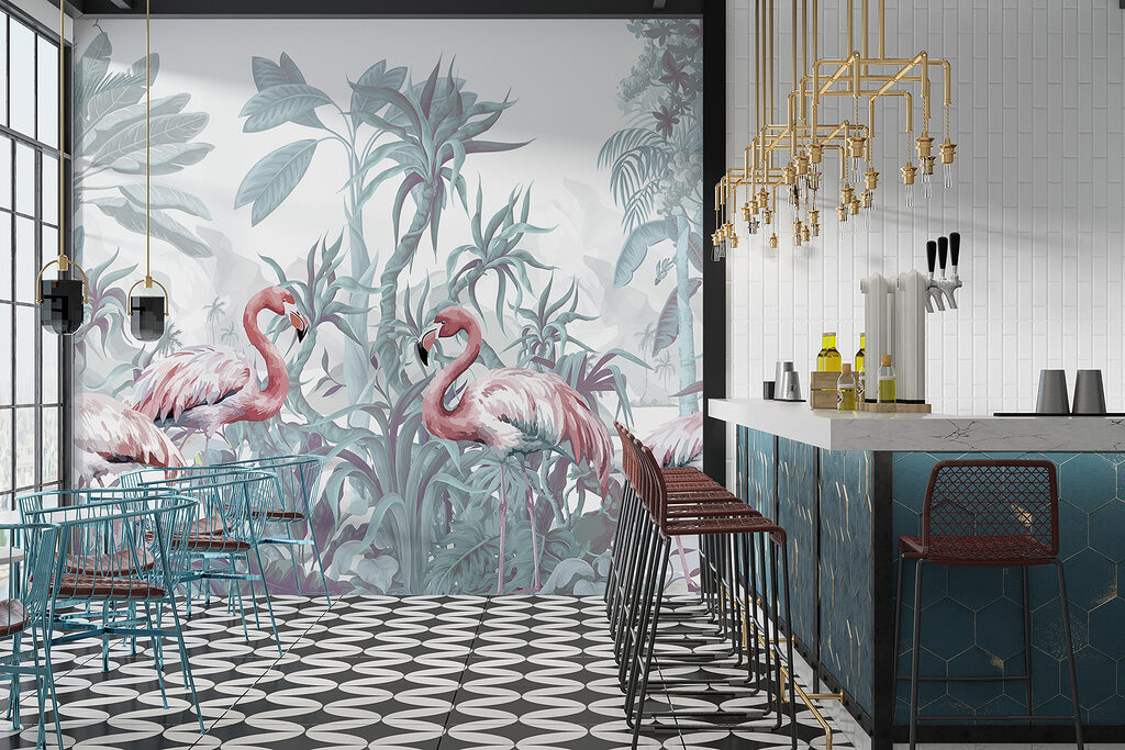Flamingos entre plantas tropicais — interior 6