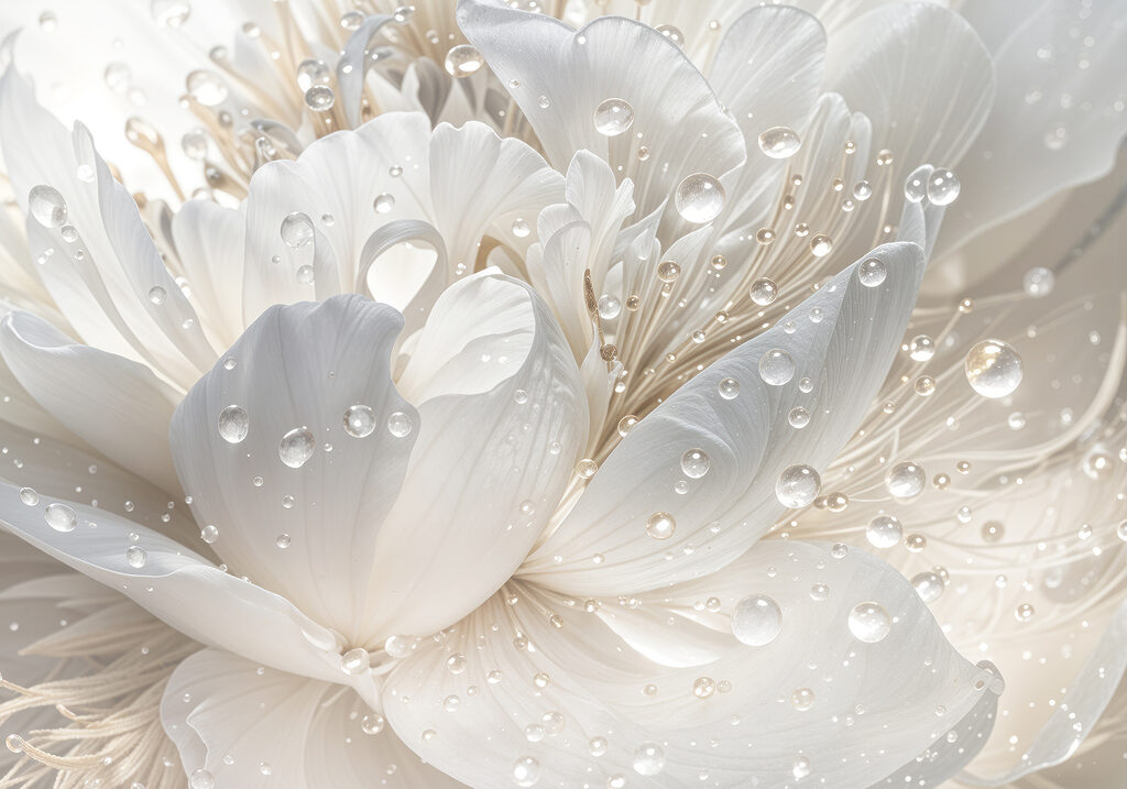 Flor branca orvalhada — design completo