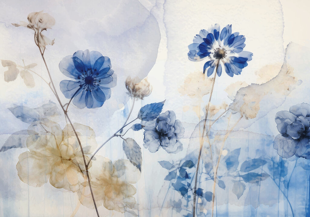 Flores azuis, fundo pintado — design completo