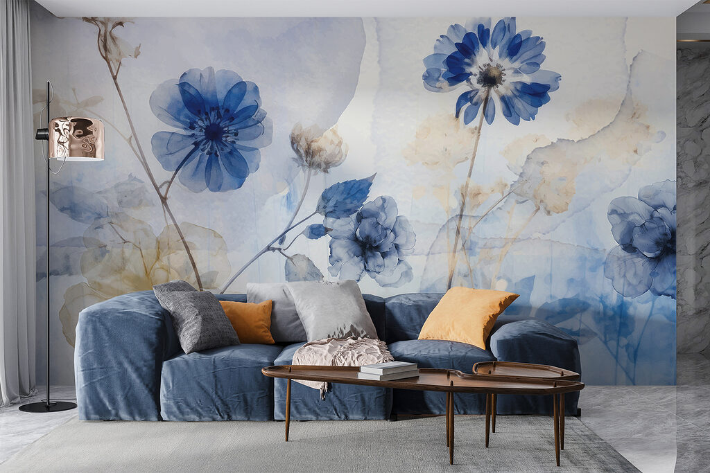 Flores azuis, fundo pintado — interior 2