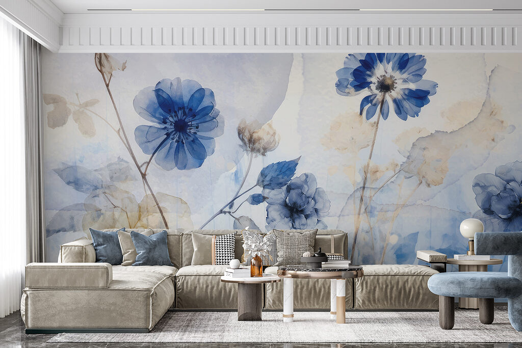 Flores azuis, fundo pintado — interior 3
