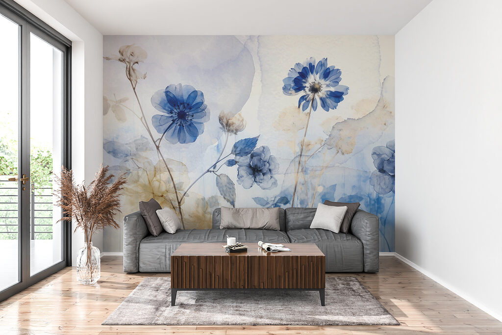 Flores azuis, fundo pintado — interior 4
