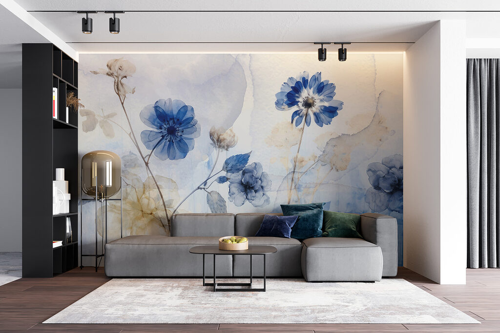 Flores azuis, fundo pintado — interior 5