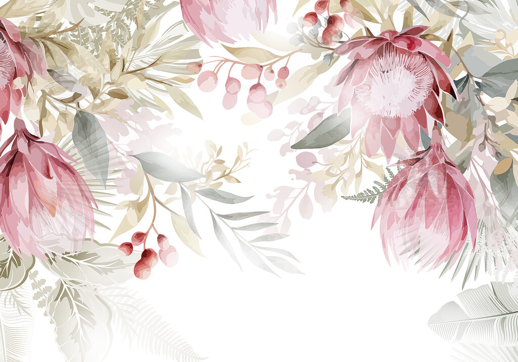 Flores cor-de-rosa no topo — design completo