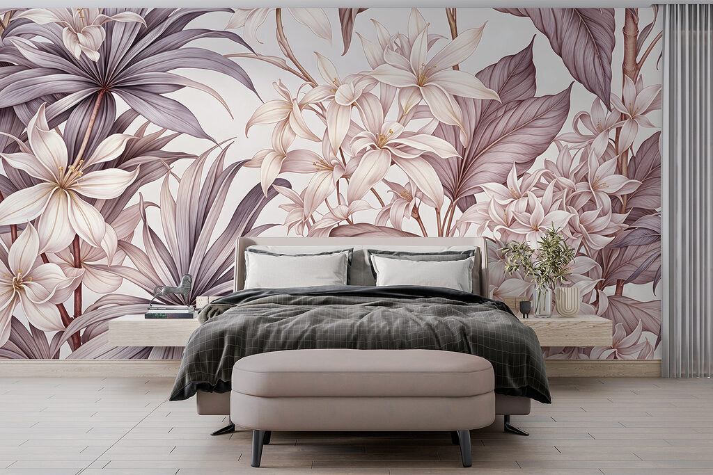 Flores entre folhas num interior