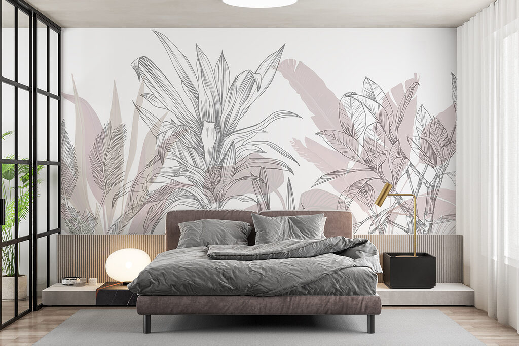 Plantas tropicais em esboço num interior