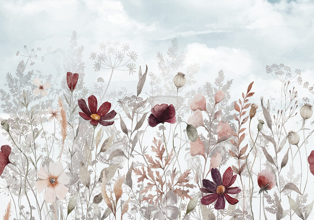 Flores bordô entre folhas — design completo