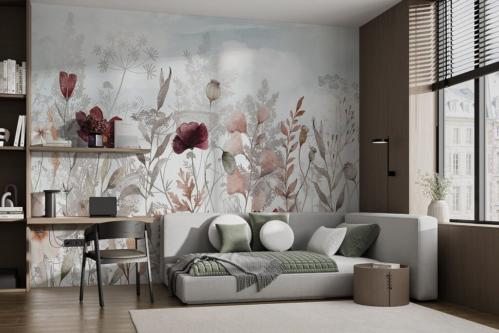 Flores bordô entre folhas — interior 1