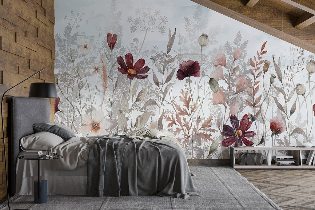 Flores bordô entre folhas — interior 2