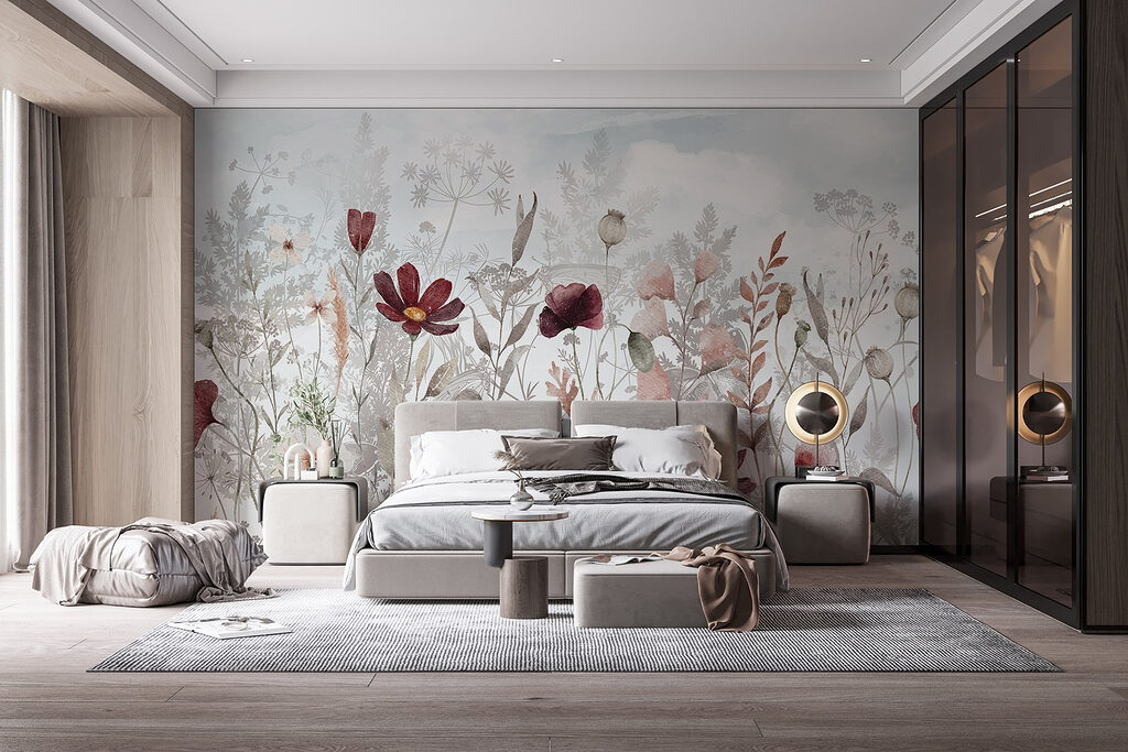 Flores bordô entre folhas — interior 3