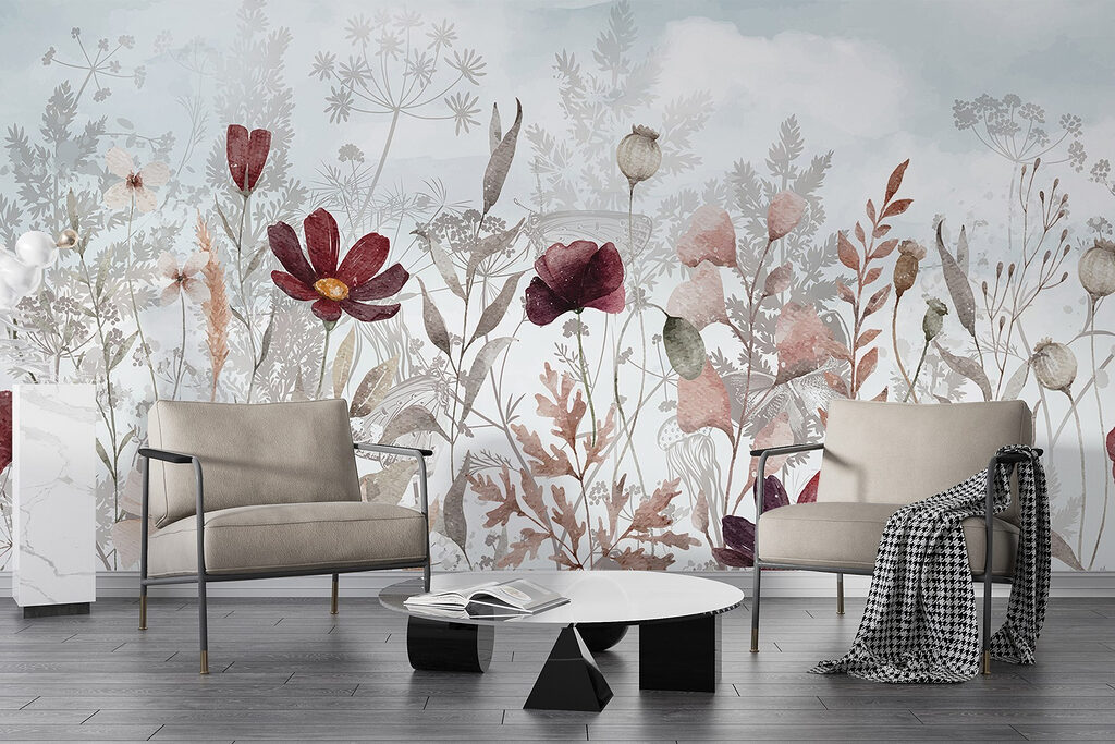 Flores bordô entre folhas — interior 4