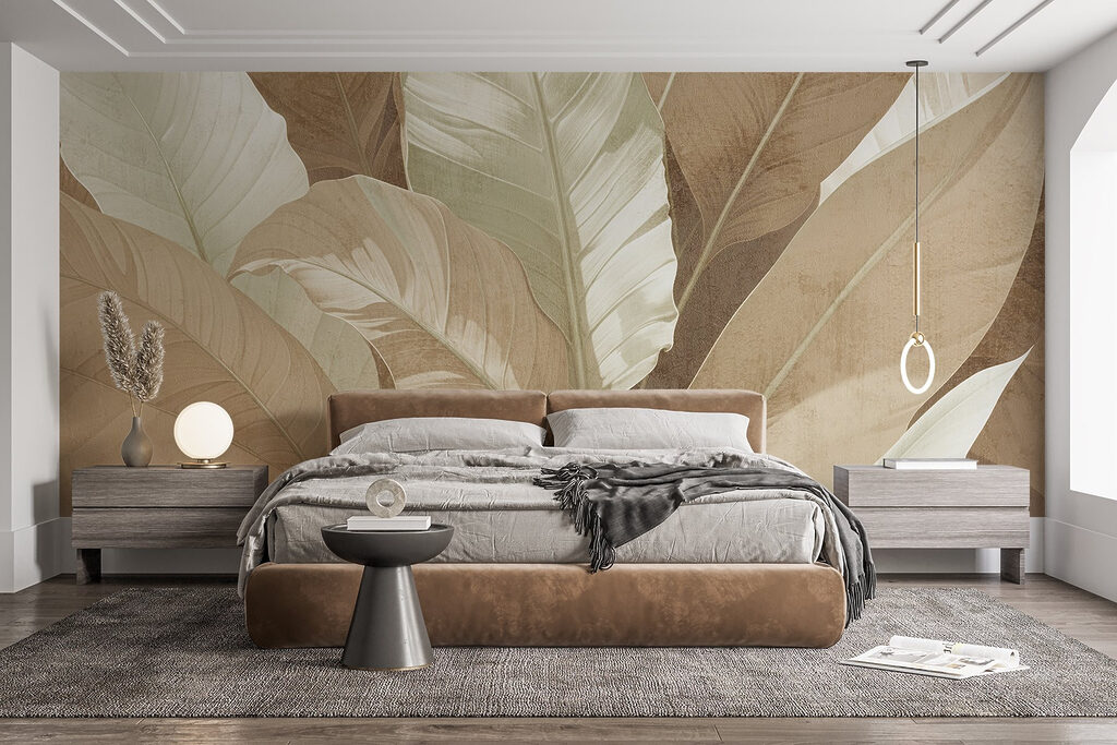 Grandes folhas com nervuras num interior