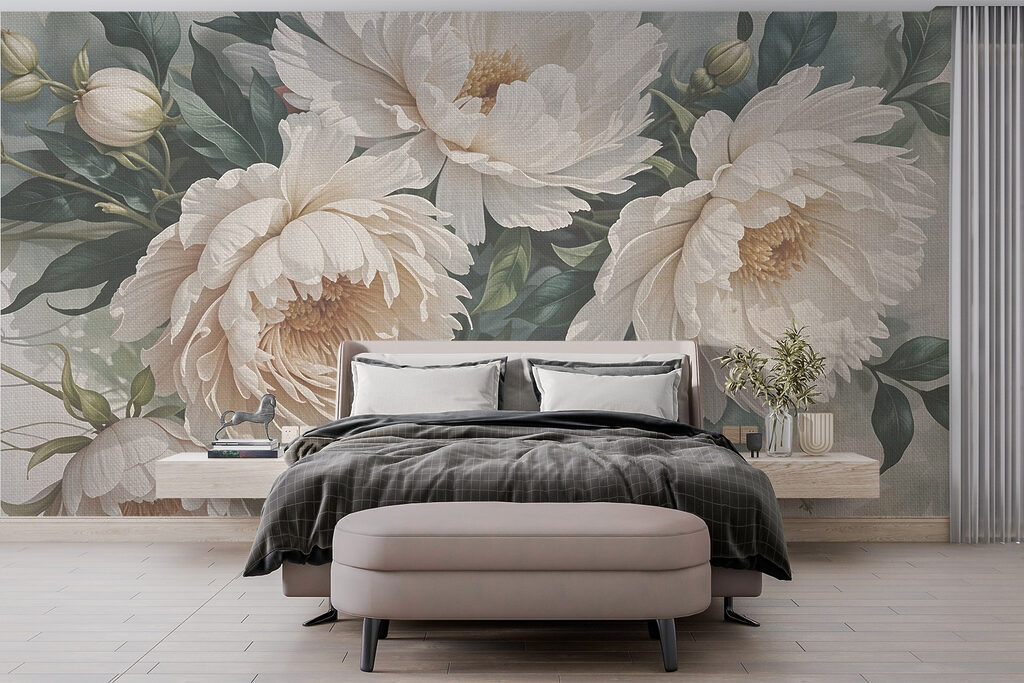 Peónias creme entre folhagem — interior 1