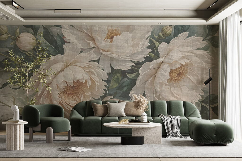 Peónias creme entre folhagem — interior 3