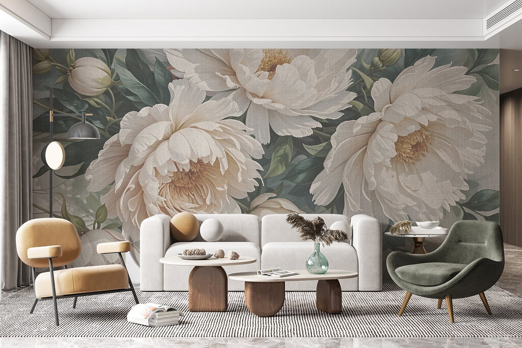 Peónias creme entre folhagem — interior 4