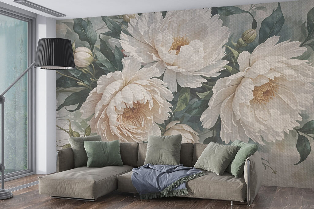 Peónias creme entre folhagem — interior 6