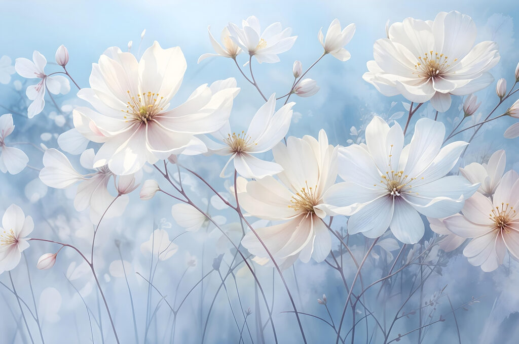 Flores brancas sobre azul-céu — design completo