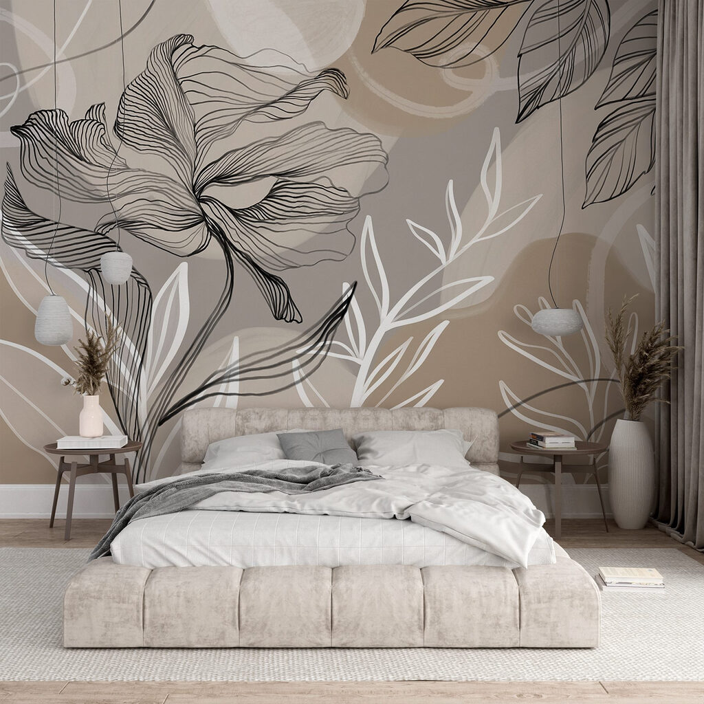 Flores desenhadas a linhas num interior