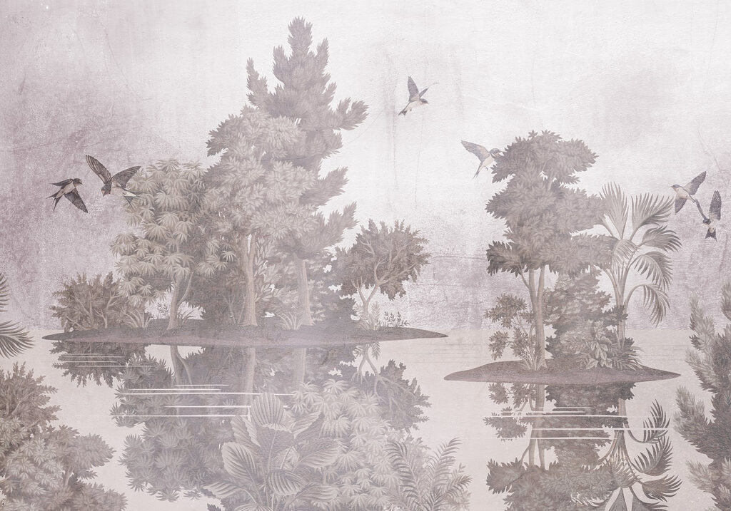 Aves sobre ilhotas arborizadas — design completo