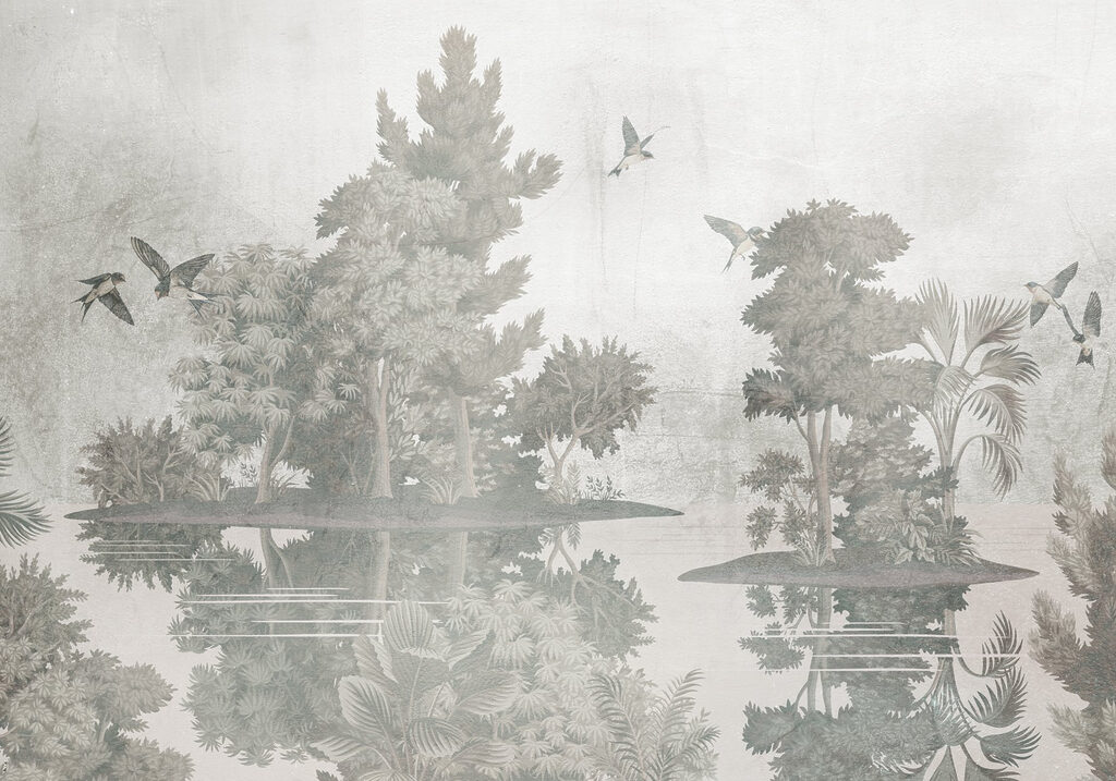 Aves sobre ilhotas arborizadas — design completo