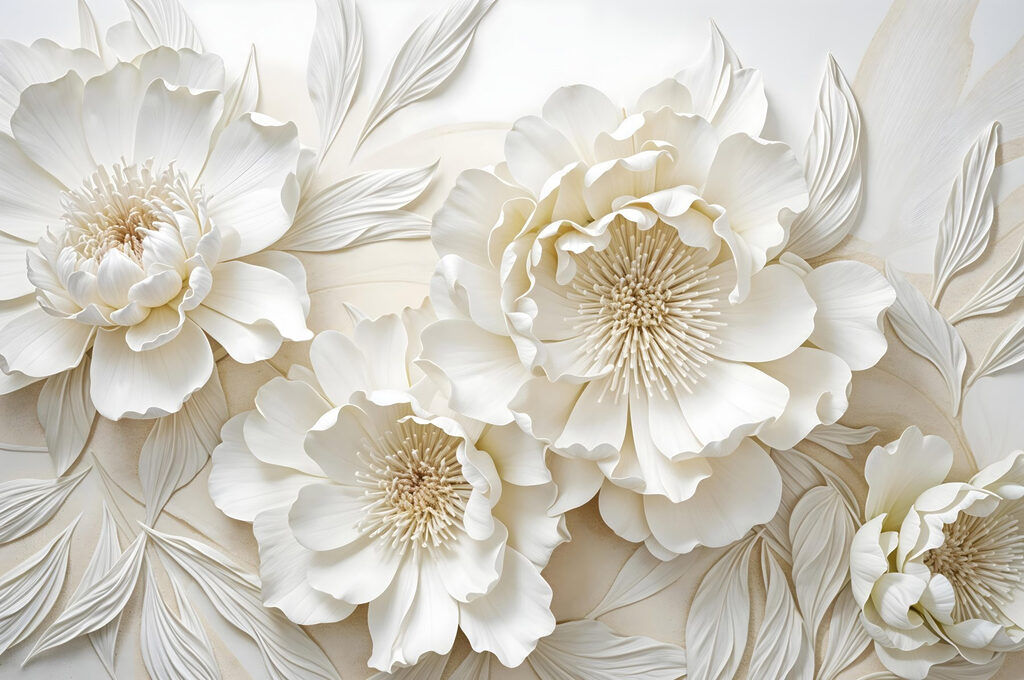 Flores brancas, centros dourados — design completo