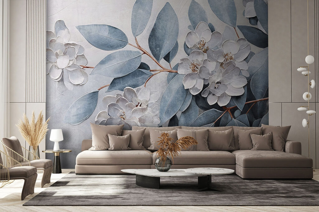 Folhas azuis entre flores — interior 1