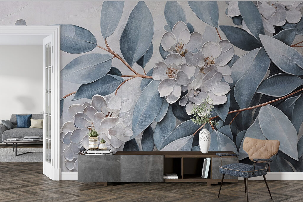 Folhas azuis entre flores — interior 2