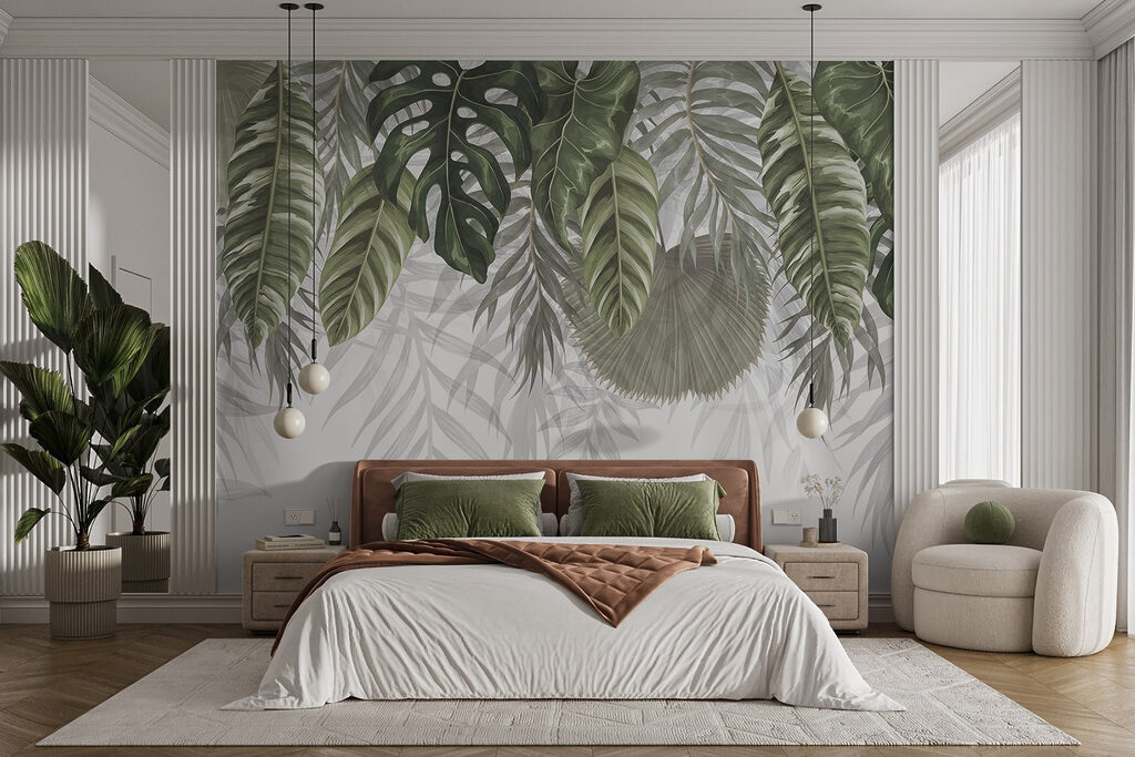 Folhas verdes pendentes num interior
