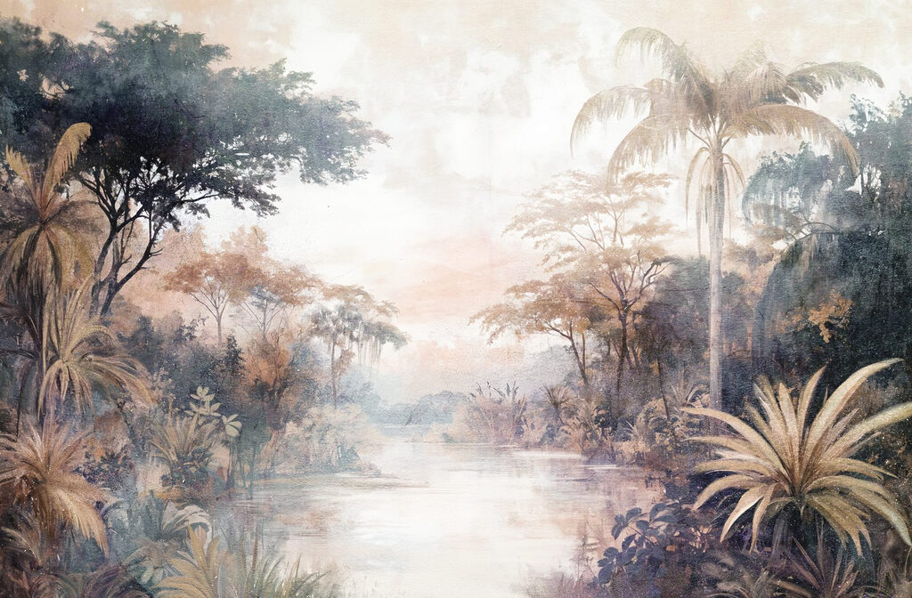 Rio entre árvores antigas — design completo