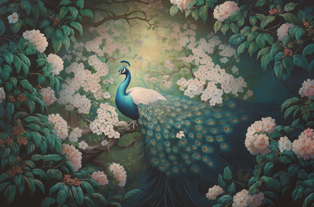 Pavão entre flores — design completo