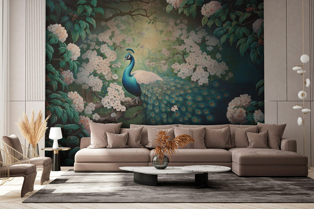 Pavão entre flores num interior