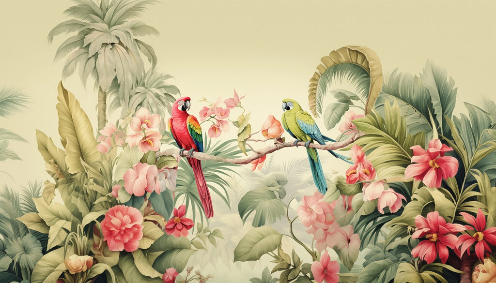 Papagaios entre flores tropicais — design completo
