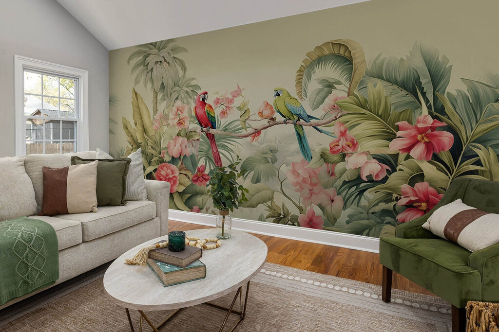 Papagaios entre flores tropicais num interior