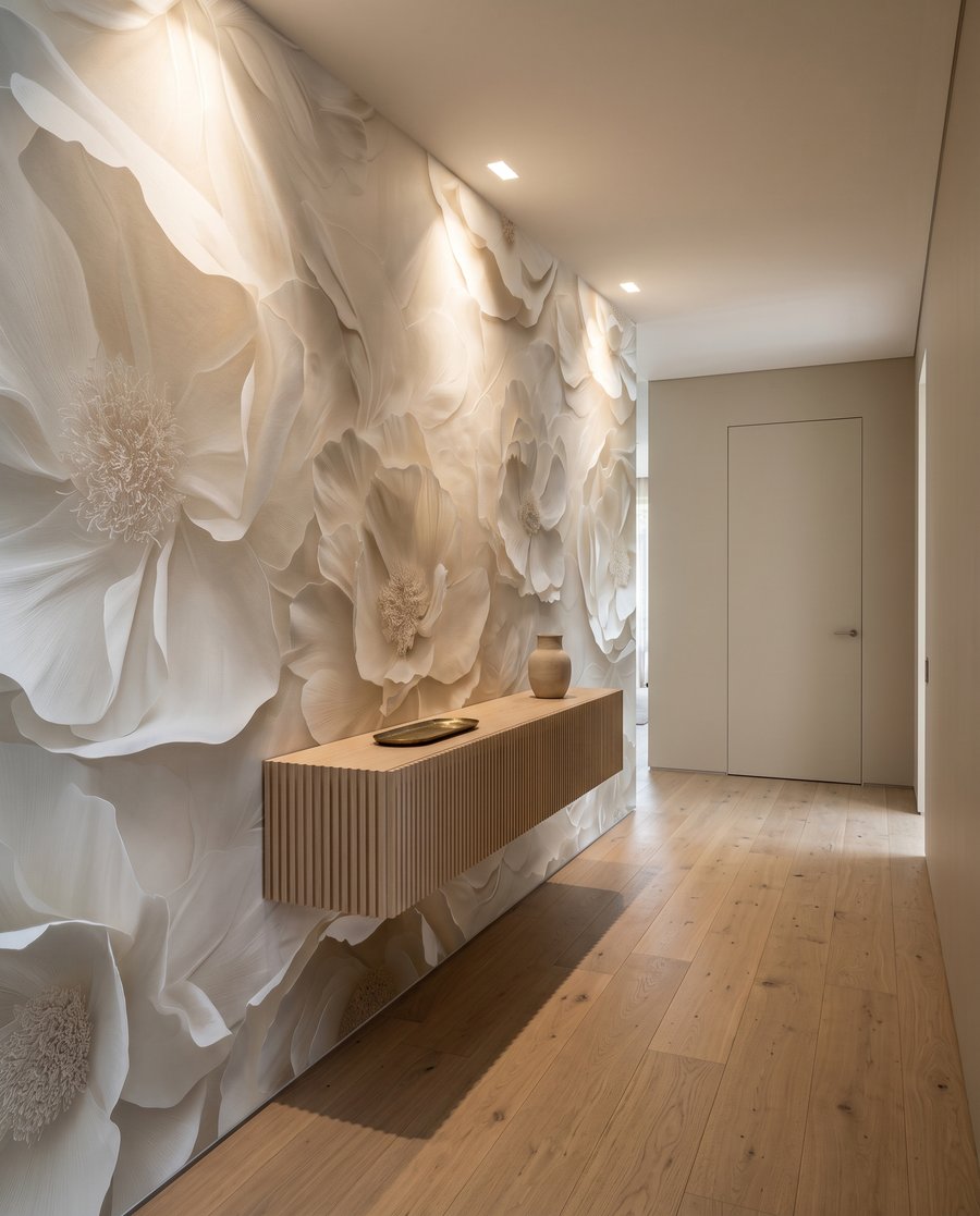 Flores brancas em ondas num interior