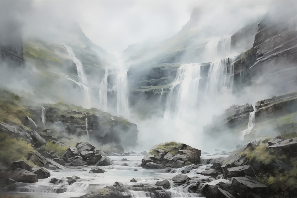 Cascata sobre rochas cinzentas — design completo