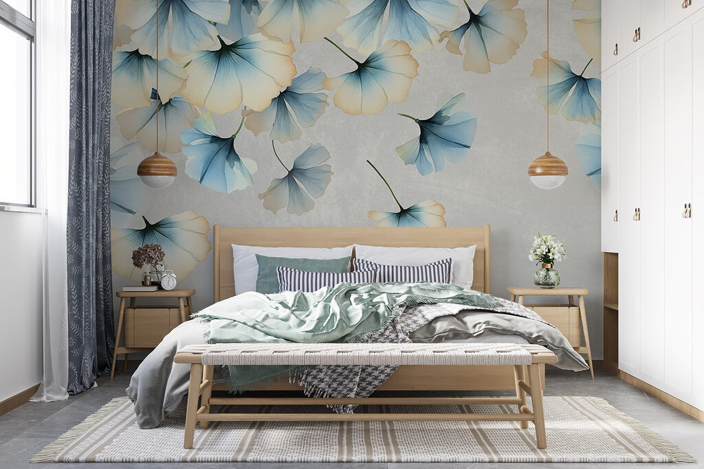 Folhas de ginkgo azuis num interior