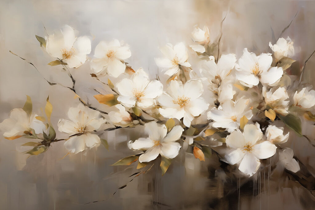 Flores brancas em pintura — design completo