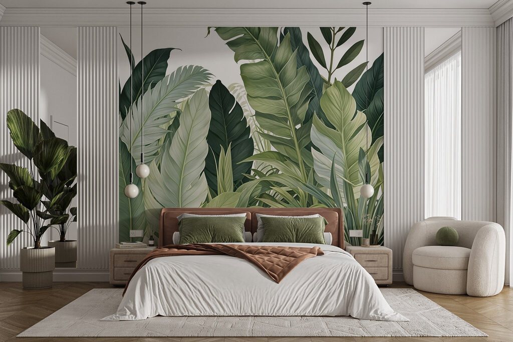 Folhas tropicais em branco num interior
