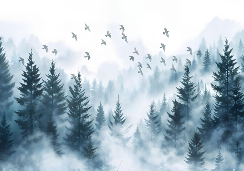 Aves sobre pinhal nevoento — design completo